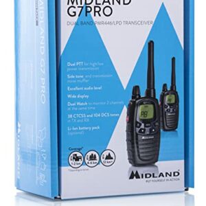 Midland G7 Pro Talkie-walkie Radio bidirectionnel Double Bande 16 canaux PMR446 et 69 LPD, 2 Packs de Batteries, Chargeur de Bureau, Clip de Ceinture, certifié UKCA, Prise Britannique, 2 radios, Noir