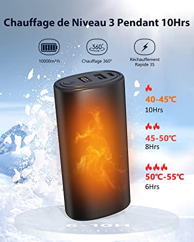 Tripole Chauffe Main Rechargeable, 10000mAh Powerbank, Chauffe-Main  Électrique à 3 Niveaux de Chauffage, Chauffant à 360°, Chauffe Mains  Reutilisable USB à Chauffage Rapide 3s pour Chasse, Ski, Golf - ProChasse