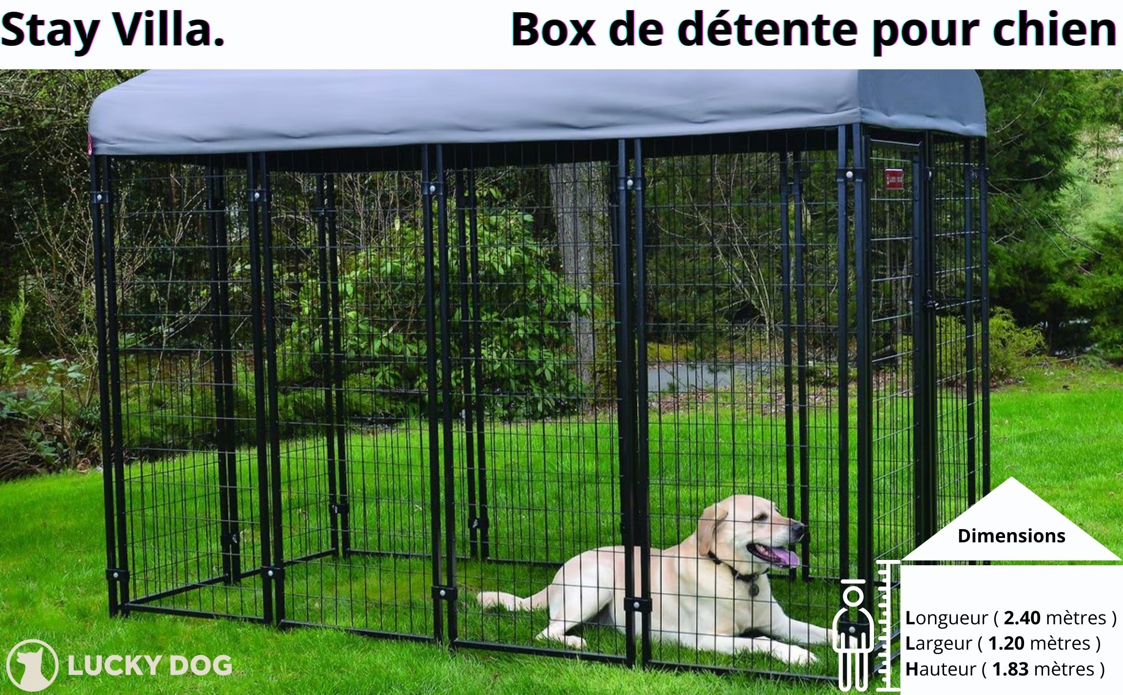 Box d’attente et de détente L avec toit – Chenil Exterieur pour chien design en acier – Montage simple et rapide (Villa 2,4m x 1,2m x 1,83m)… Box d’attente et de détente L avec toit – Chenil Exterieur pour chien design en acier – Montage simple et rapide (Villa 2,4m x 1,2m x 1,83m)…