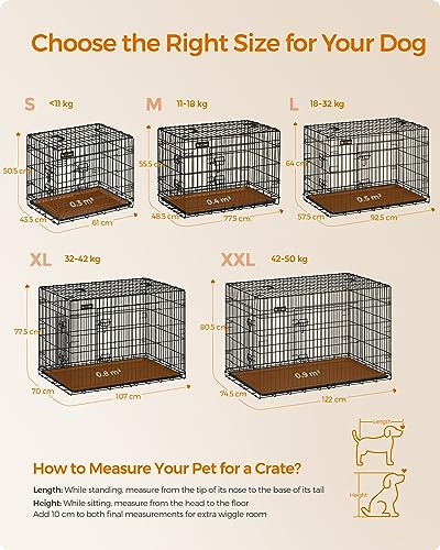 Feandrea Cage pour Chien Pliable avec 2 Portes, Plateau Amovible, 92,5 x 57,5 x 64 cm, Taille L, Noir PPD36H