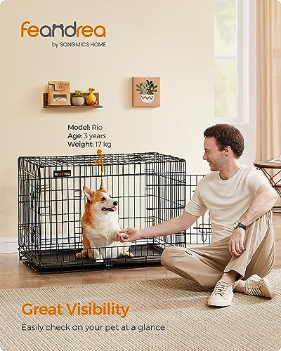 Feandrea Cage pour Chien Pliable avec 2 Portes, Plateau Amovible, 92,5 x 57,5 x 64 cm, Taille L, Noir PPD36H