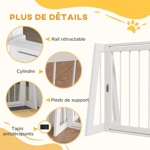 PawHut Barrière de sécurité pour Chien barrière de Protection à 3 Panneaux rétractable 71-190 cm clôture pour Animal Domestique en Bois - dim. 71-190L x 38,5l x 56H cm Blanc