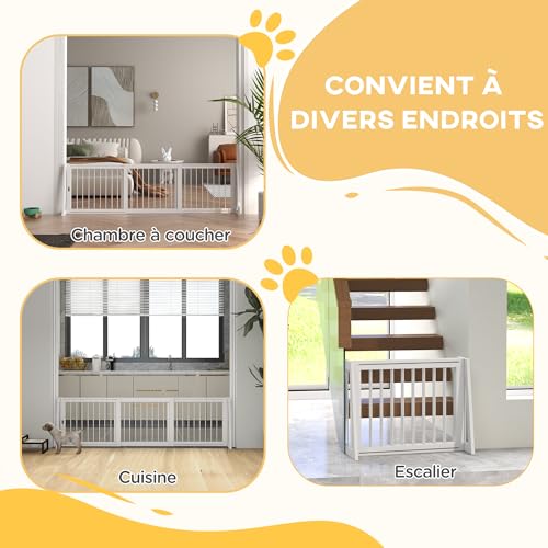 PawHut Barrière de sécurité pour Chien barrière de Protection à 3 Panneaux rétractable 71-190 cm clôture pour Animal Domestique en Bois - dim. 71-190L x 38,5l x 56H cm Blanc